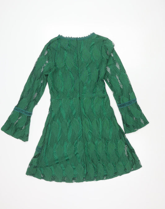 Boohoo Women's Green Lace Dress Size 8 with Bell Sleeves