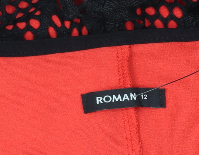 Brand and care label for Roman Originals Women's Black Red Floral Sheath Dress, size 12
