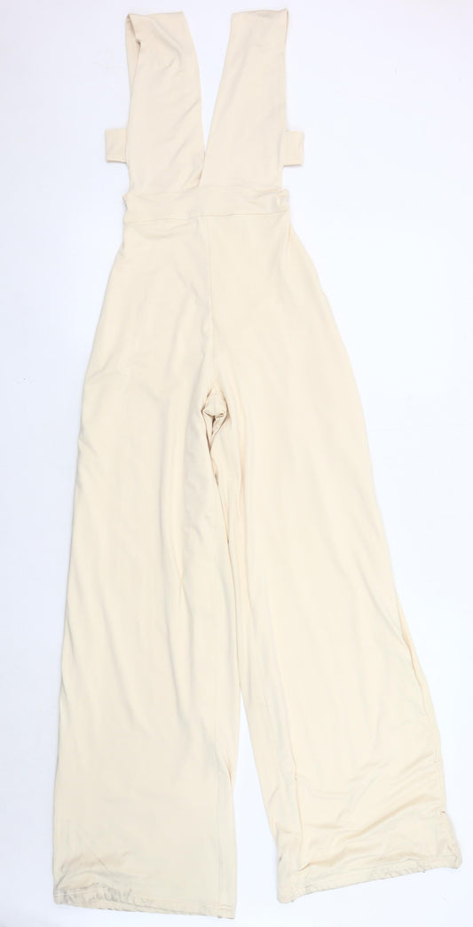 Additional front view of Oh Polly Beige Wide-Leg Jumpsuit, size 8, Elegant V-Neck