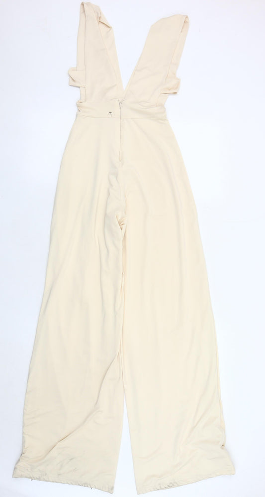 Oh Polly Beige Wide-Leg Jumpsuit, Size 8, Elegant V-Neck