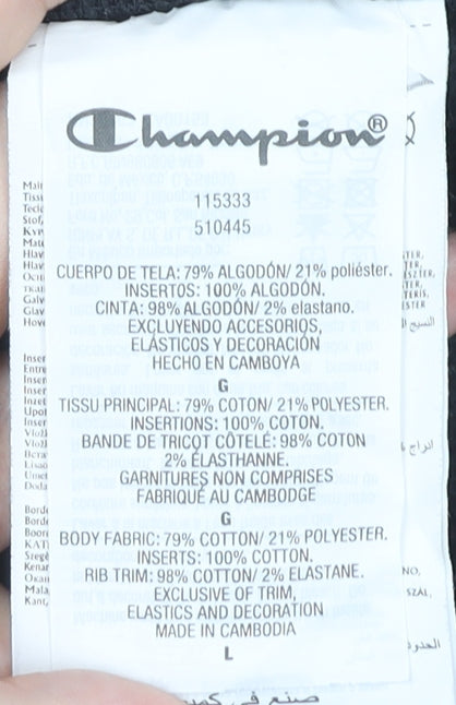 Close-up detail of Champion unisex black hoodie l pullover casual gym