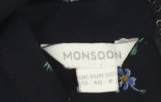 Monsoon Black Floral A-Line Dress, UK 12, Women's