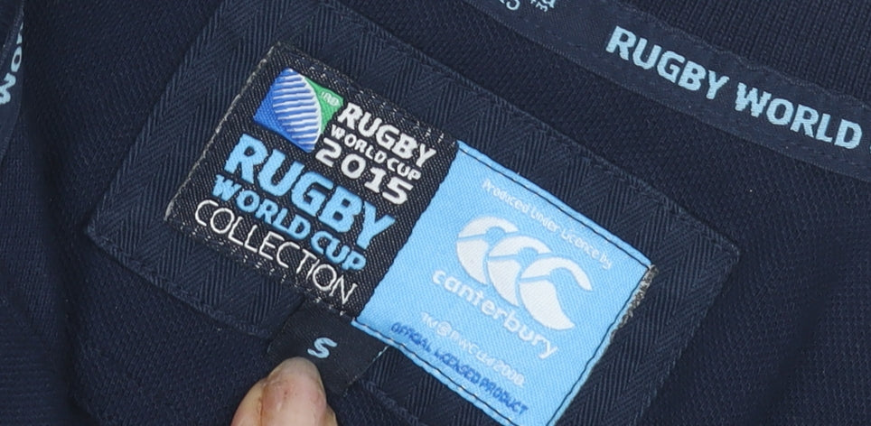 Close-up detail of Canterbury unisex blue rugby polo shirt s