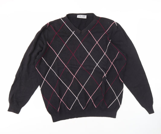 La Vie Men's Black Argyle V-Neck Pullover, L