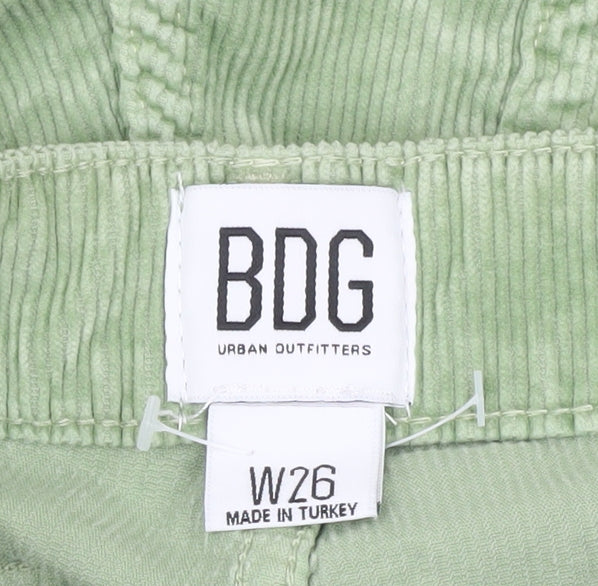 Brand and care label for BDG Women's Green Corduroy Shorts, size 6