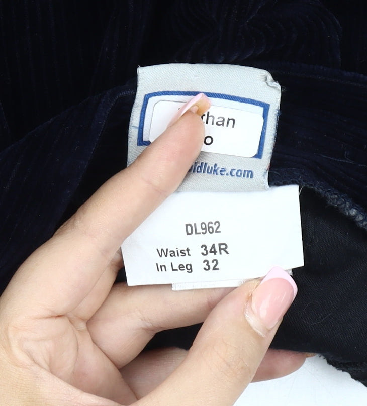 David Luke Men's Black Corduroy Trousers, Size 34R