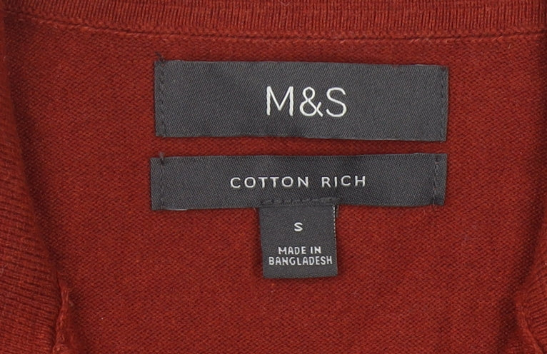 Marks and Spencer Men's Red Polo, Small, Cotton, Long Sleeve