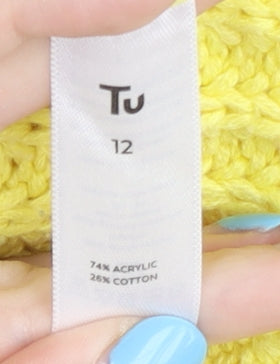 TU Women's Yellow V-Neck Cable Knit Jumper Size 12