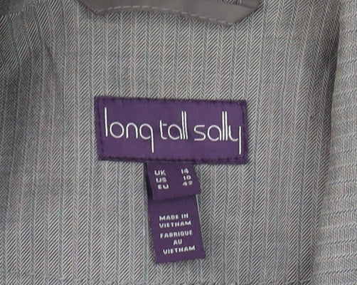 Brand and care label for Long Tall Sally women’s grey suit jacket, size UK 14, herringbone
