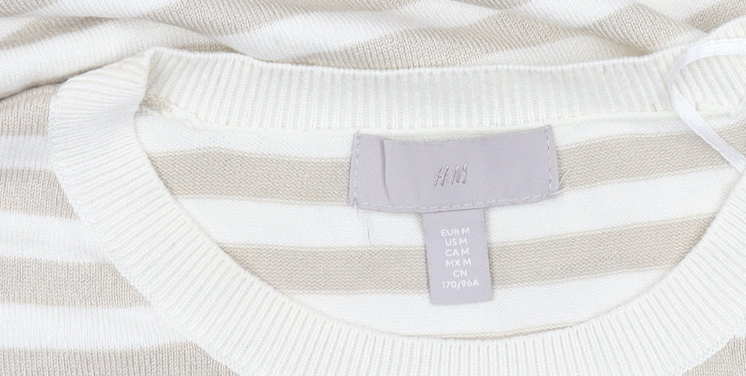 Brand and care label for H&M Women's Beige Striped Short Sleeve Top, size 14