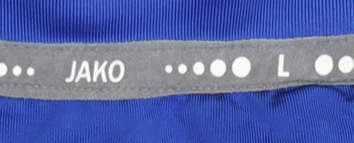 Brand and care label for Jako Men's Blue Football Jersey L