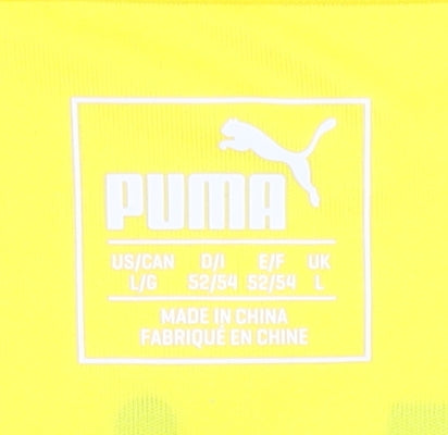 Brand and care label for Puma Men's Yellow Football Jersey, size L