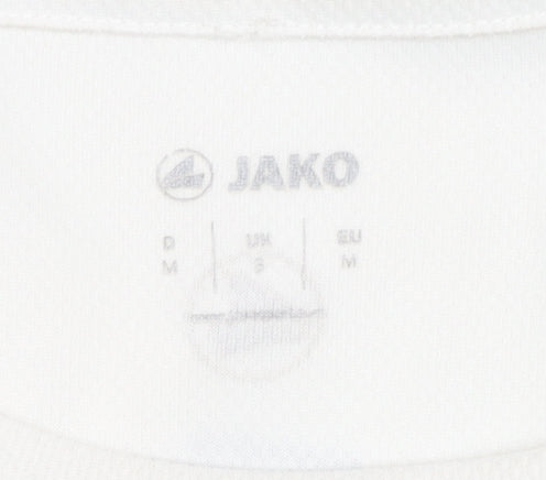 Close-up detail of JAKO Men's White Graphic Running T-Shirt, size M