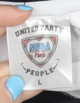 Brand and care label for Mega Park Men's White Graphic T-Shirt L