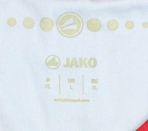 Brand and care label for Jako Men's Blue Football Jersey L