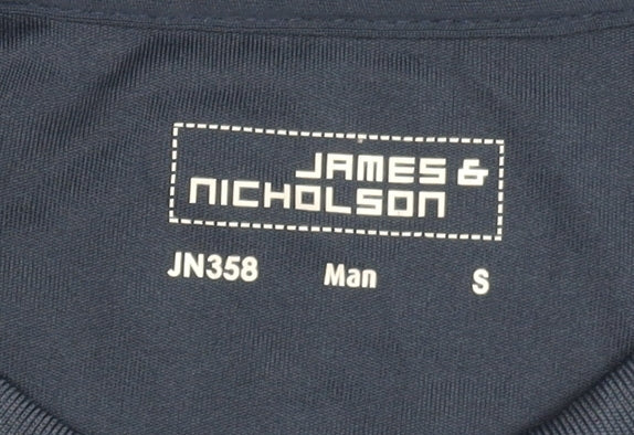 Brand and care label for James & Nicholson Men's Blue Sports T-Shirt, size S
