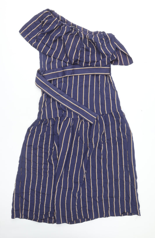 Topshop Women Blue Striped Dress, Size 10, Belted