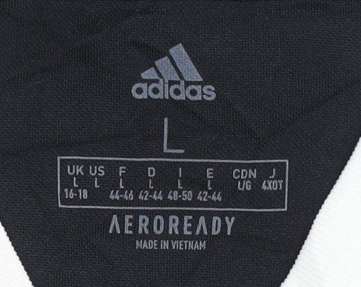 Brand and care label for Adidas unisex black l football jersey t-shirt