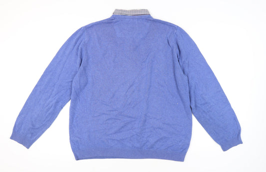 Marks and Spencer Men's Blue Cotton V-Neck Sweater XL