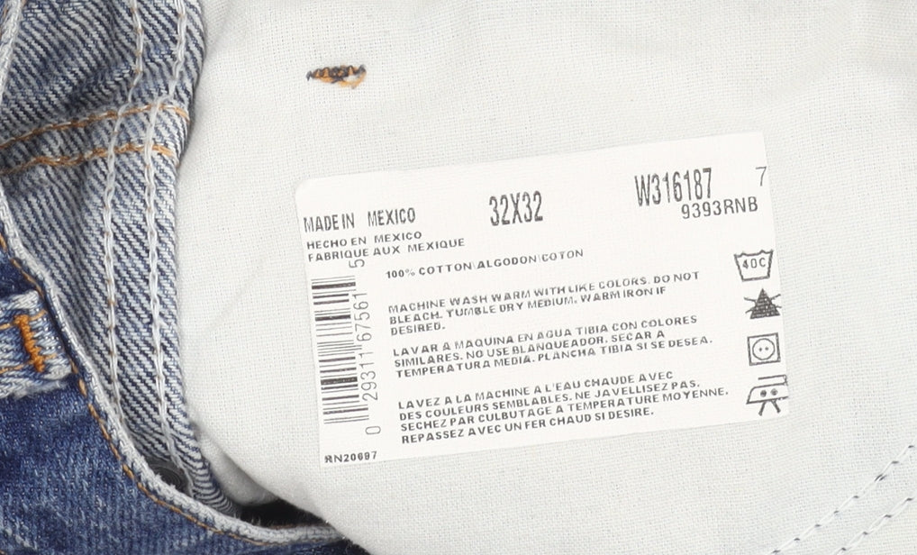 Brand and care label for Dickies Blue Denim Cut-Off Shorts, unisex, relaxed 32in