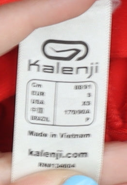 Brand and care label for Kalenji unisex red 1/4 zip running top s