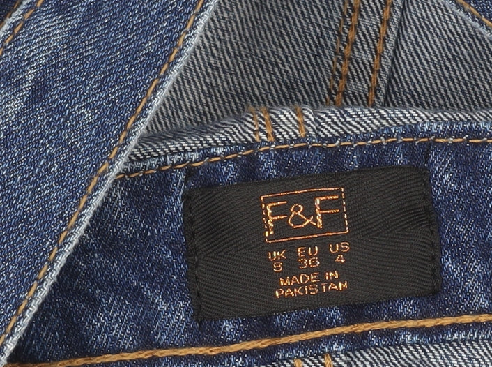 Brand and care label for F&F Women's Blue Denim Pinafore Dress, size 8