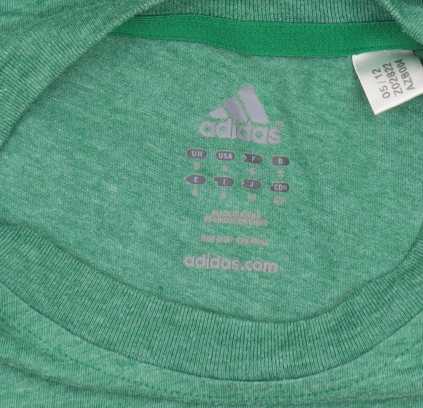 Brand and care label for Adidas Men's Green Celtic Sports T-Shirt, size S