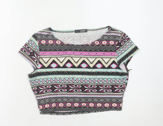 Additional front view of Quiz Women's Multicoloured Cropped Geometric T-Shirt