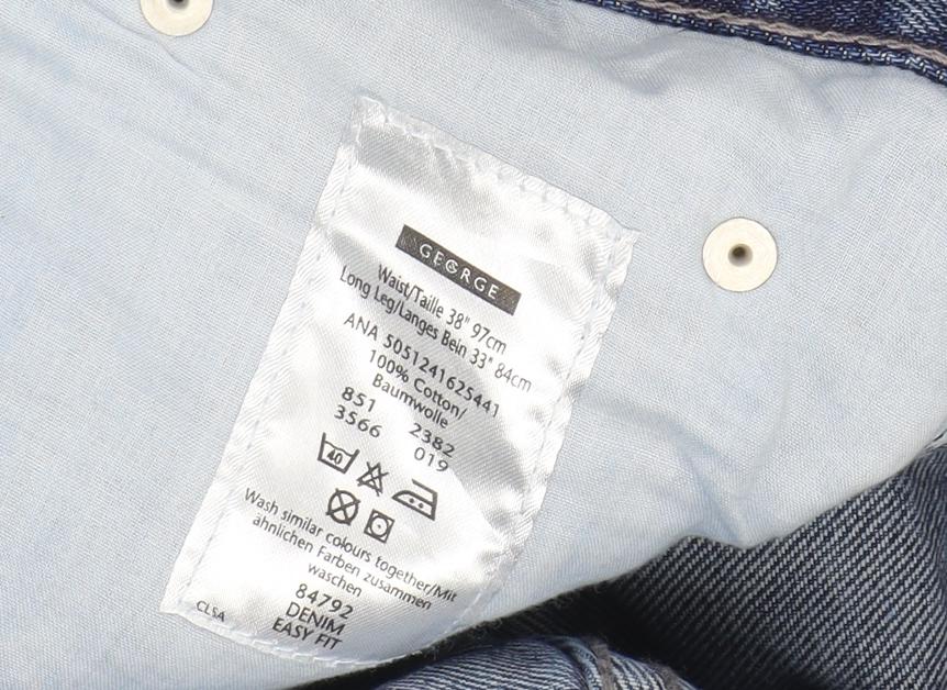 George Men's Blue Straight Relaxed Jeans 38W 33L