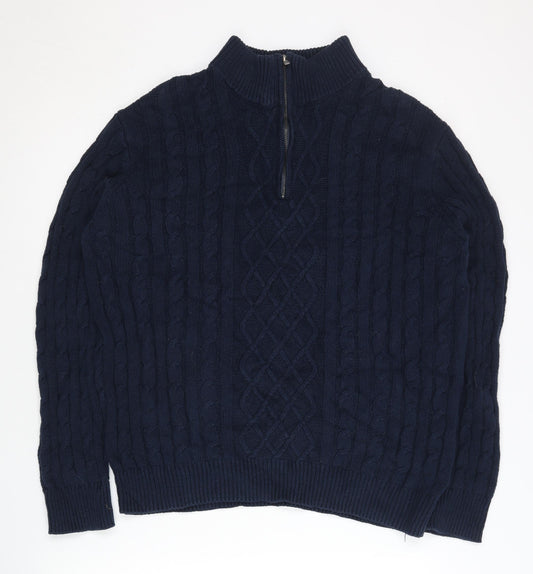 Additional front view of 4studio Men's Blue Cable-Knit 1/2 Zip Jumper L