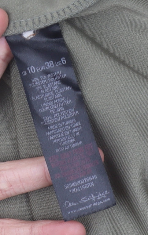 Brand and care label for Miss Selfridge Women’s Green Wrap Dress, size UK 10