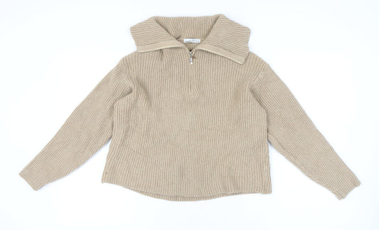Womens UK Size 12 Pull & Bear Beige Henley Jumper