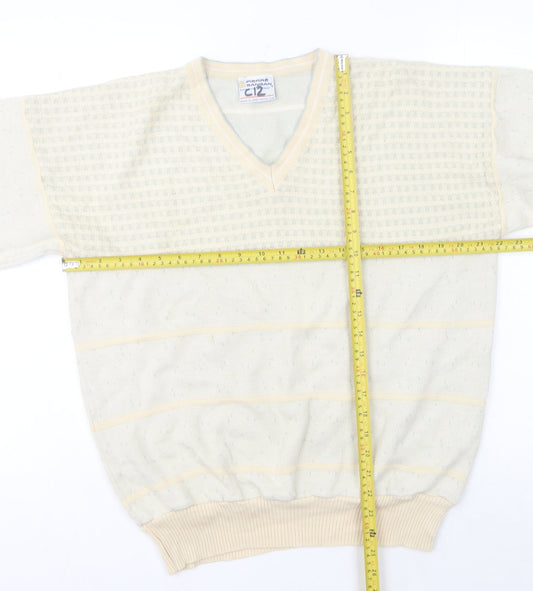 Pierre Sangan Men's Beige XL V-Neck Striped Vintage Wool Blend Jumper