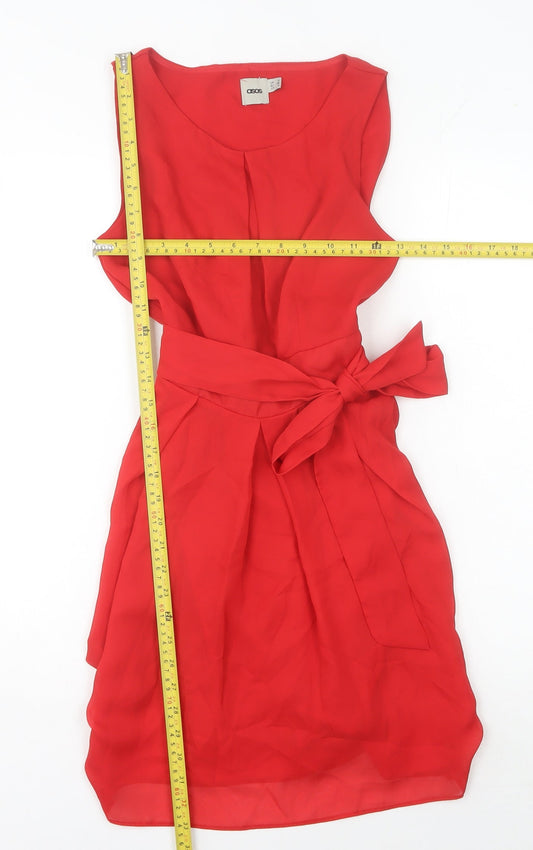 ASOS Women Red Size 8 Sheath Knee Length Belted Sleeveless Dress