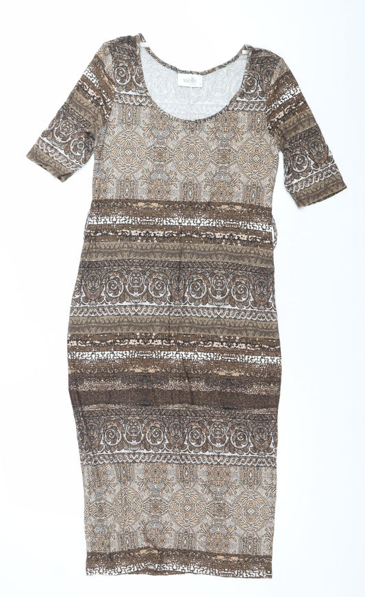Additional front view of Wallis Women Brown Geometric Bodycon Dress, size 10, Knee Length