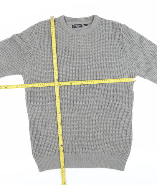 Brave Soul Men’s Grey Waffle-Knit Crew Neck Jumper Size L