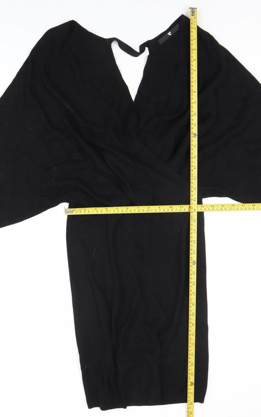 Very Women's Black Size 14 Knit Bodycon Dress Long Sleeve V-Neck