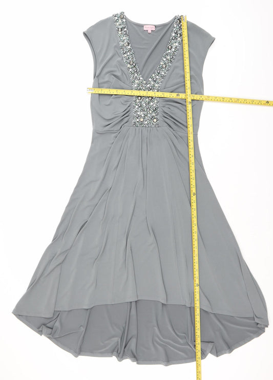 Frank Lyman Women's Grey Size 12 Beaded V-Neck Fit & Flare Dress