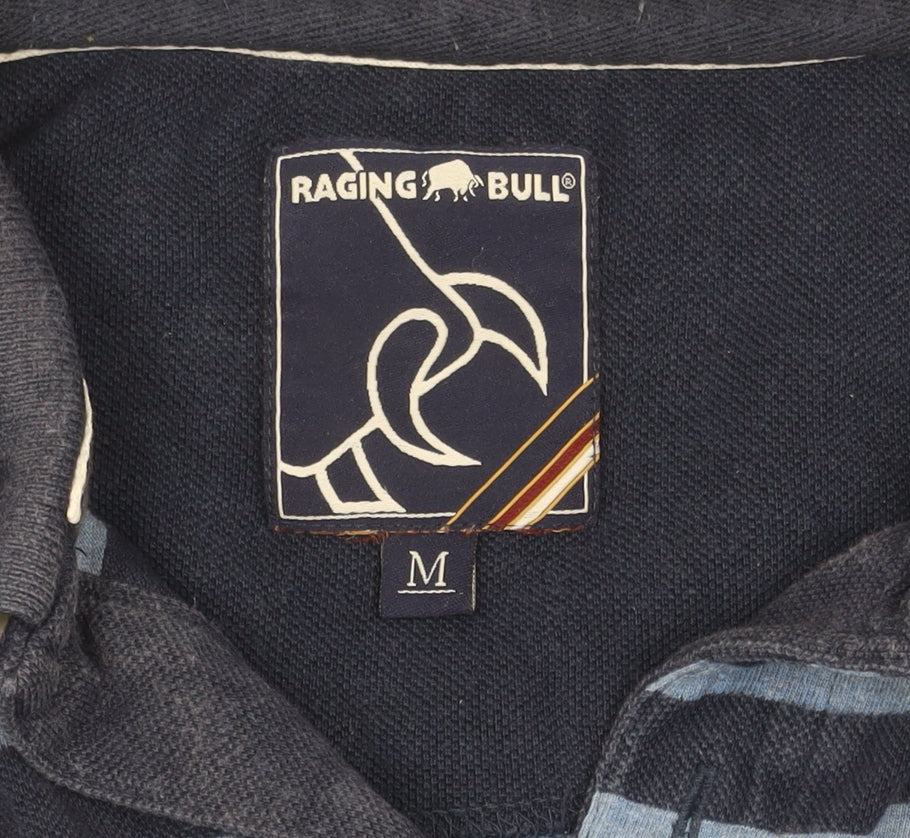 Raging Bull Men's Blue Striped Cotton Polo Shirt M Regular Fit