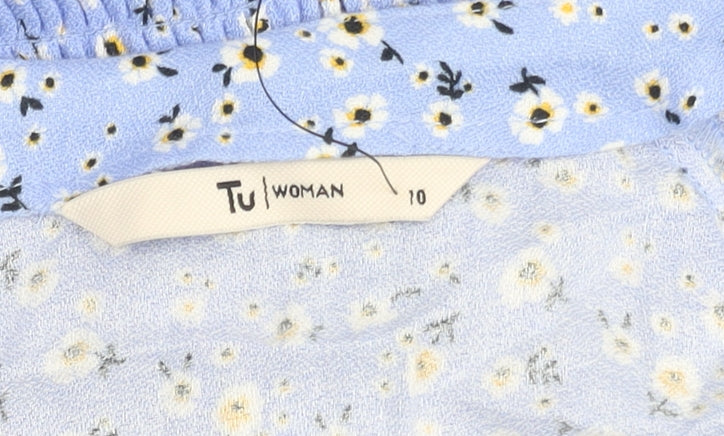 Tu Women Blue Floral Short Puff Sleeve A-Line Dress Size 10