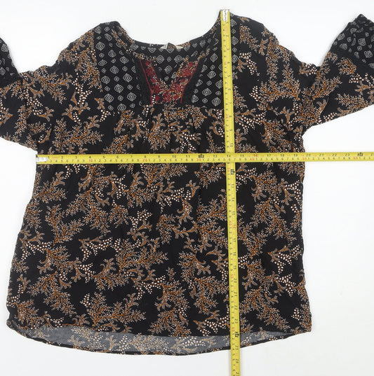 M&Co Women’s Black Floral Tunic Blouse Size 14 Bohemian Embroidered