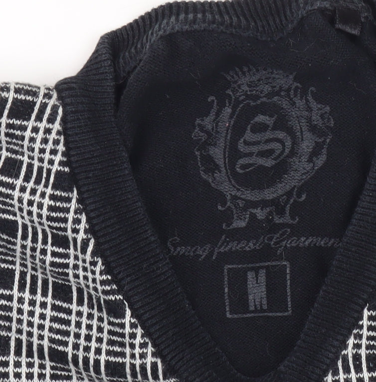 Smog Men's Black Check Front V-Neck Pullover Jumper M Regular
