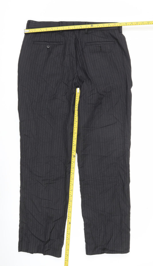 Next Men’s Black Pinstripe Dress Trousers 34R Wool Blend Regular Fit