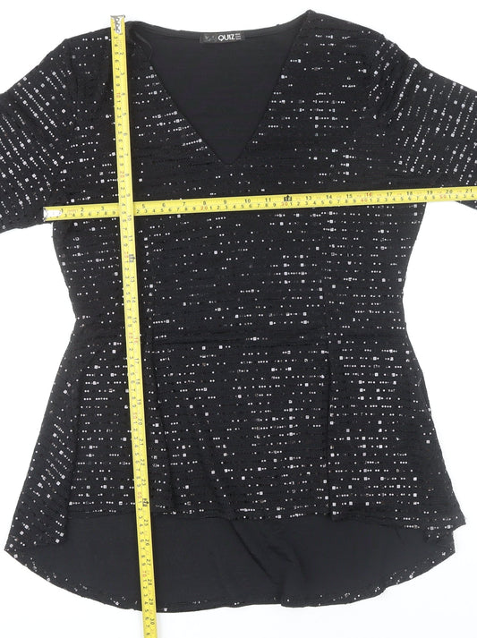 Quiz Women’s Black Sequin V-Neck Bell Sleeve Tunic Blouse Size 16