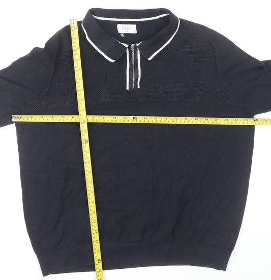 EASY Men’s Blue XL Collared 1/4 Zip Knitted Jumper Cotton Blend