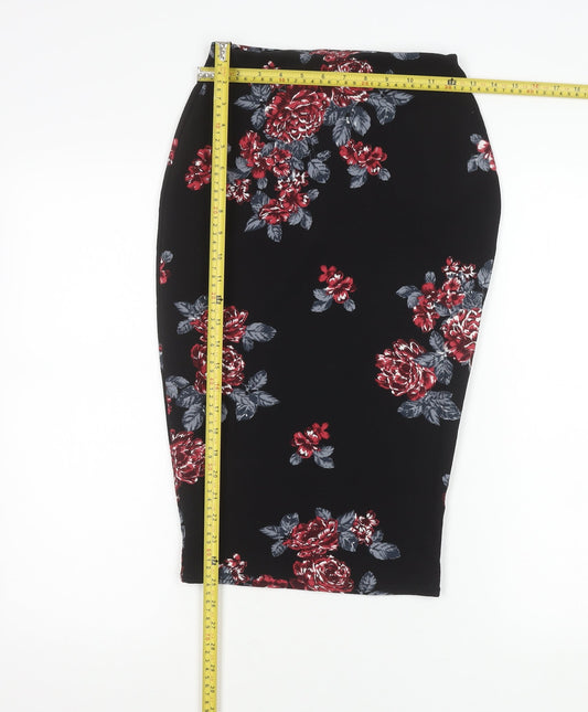 Boohoo Womens Black Floral High Rise Pencil Skirt Size 8
