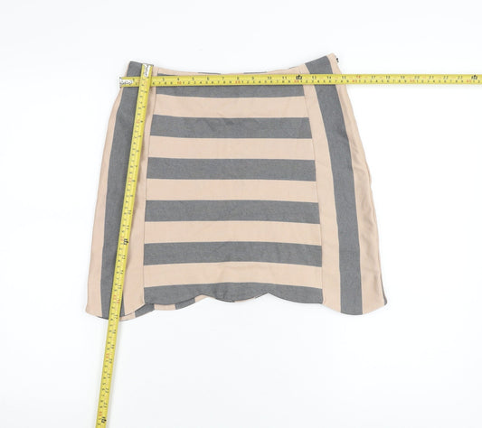 Oasis Women Beige Grey Striped Short Pencil Skirt M Linen Blend