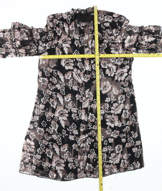Nasty Gal Women’s Black Floral Shift Dress Size 8 High Neck Long Sleeve