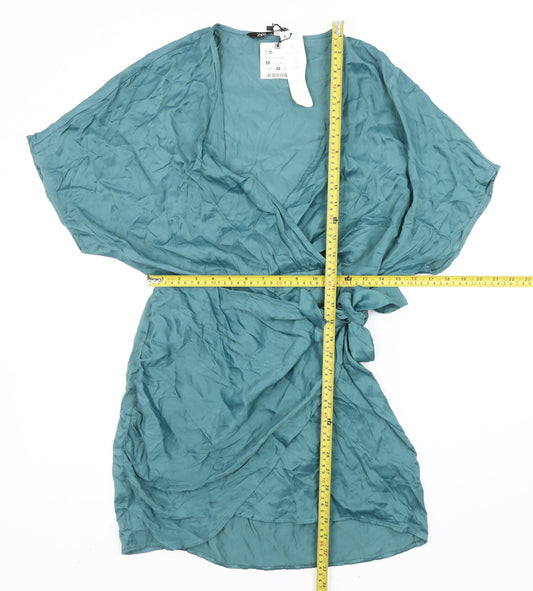 Zara Women’s Green Short Wrap Dress Kimono Sleeve V-Neck M