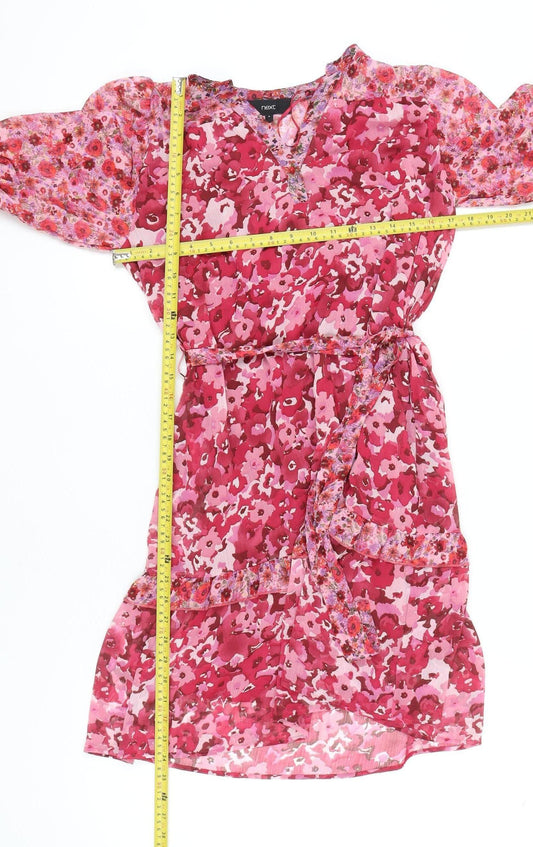 Next Women’s Pink Floral A-Line Chiffon Belted Dress UK 6
